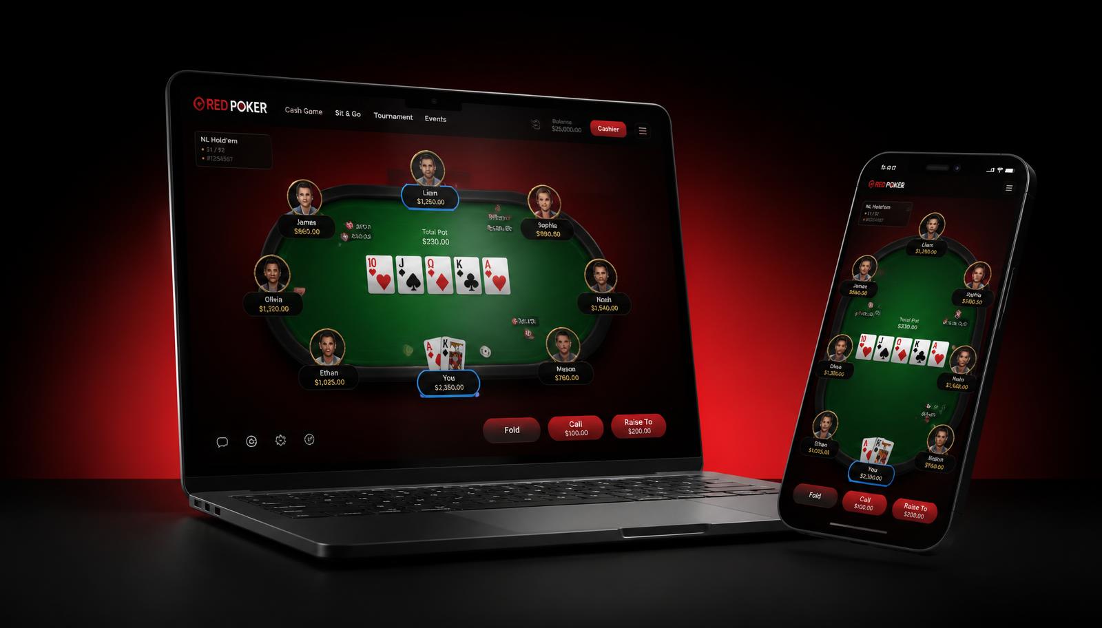 CoinPoker 桌機與手機客戶端牌桌畫面